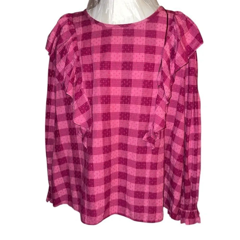 Beautiful Terra & Sky Pink Plaid Ruffle Blouse Long sleeve Size 4X 28W-30W